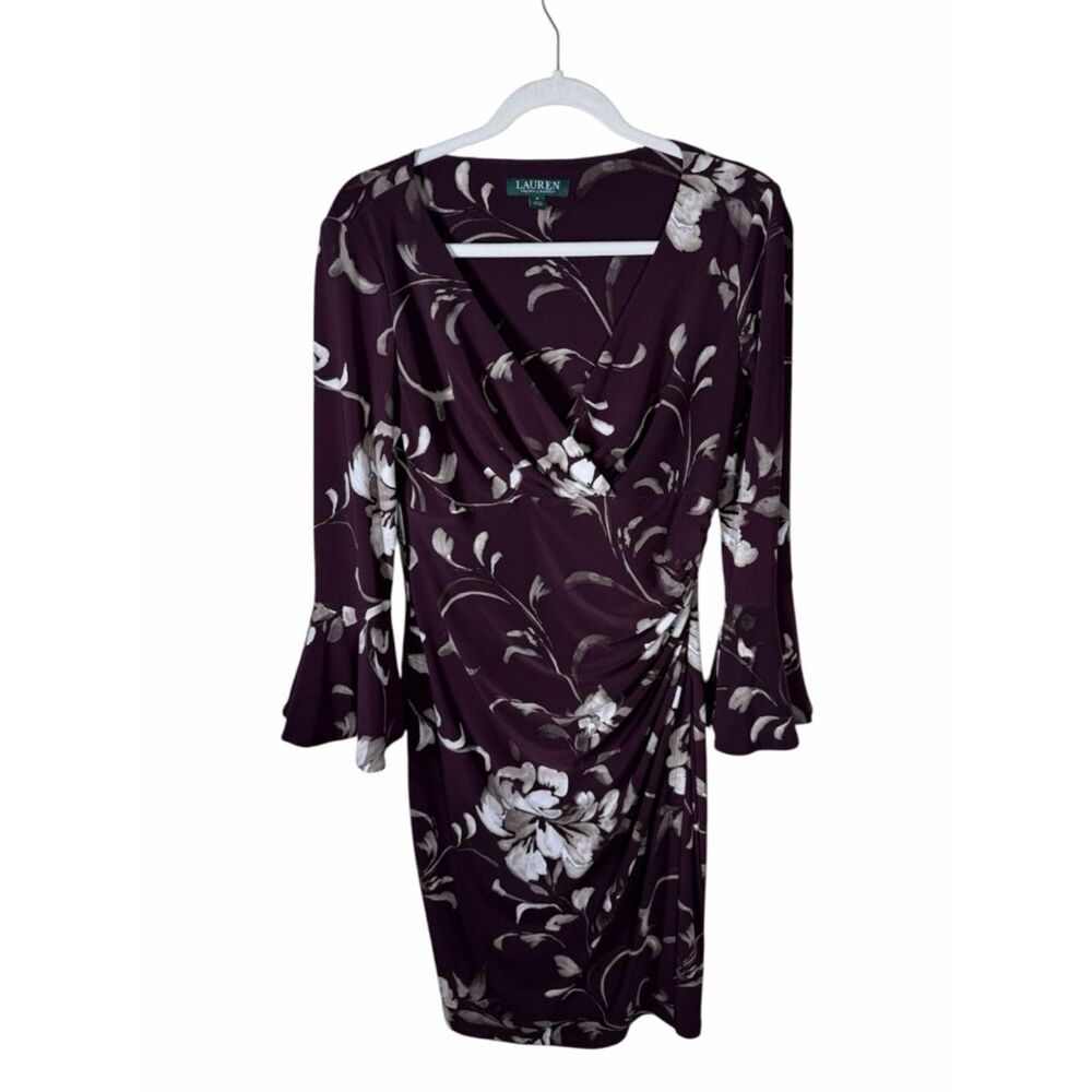 Lauren Ralph Lauren Deep Plum Floral Wrap Dress with Bell Sleeves